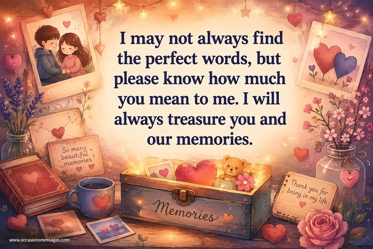 Nostalgic watercolor illustration of a memory box, keepsakes, flowers, hearts, and symbolic couple imagery representing treasured love and shared memories.