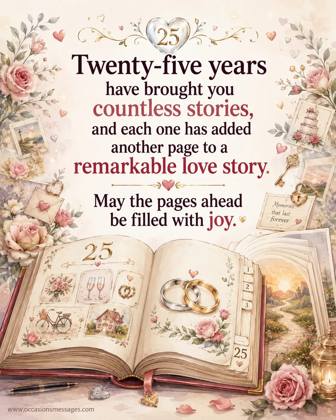 4. Whimsical illustrated open storybook with 25 pages, wedding rings, flowers, and memory symbols representing the countless stories created during a remarkable 25-year marriage.