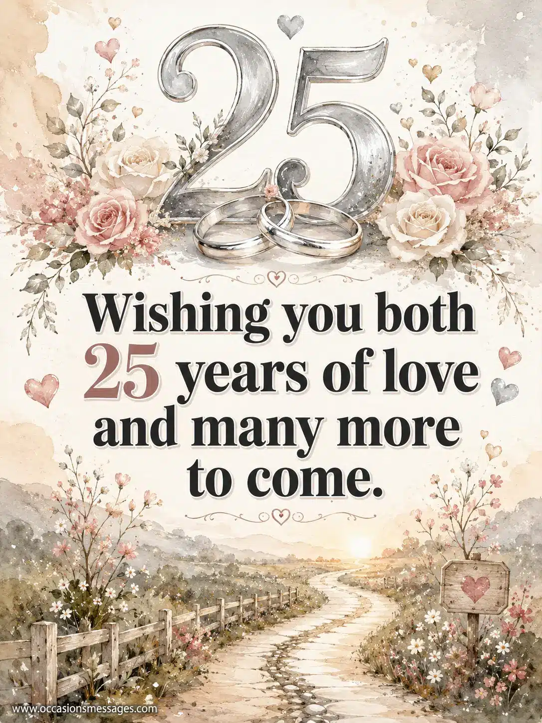 2. Soft watercolor Silver Anniversary design featuring a glowing number 25, intertwined wedding rings, flowers, and a bright path symbolizing 25 years of love and many more to come.