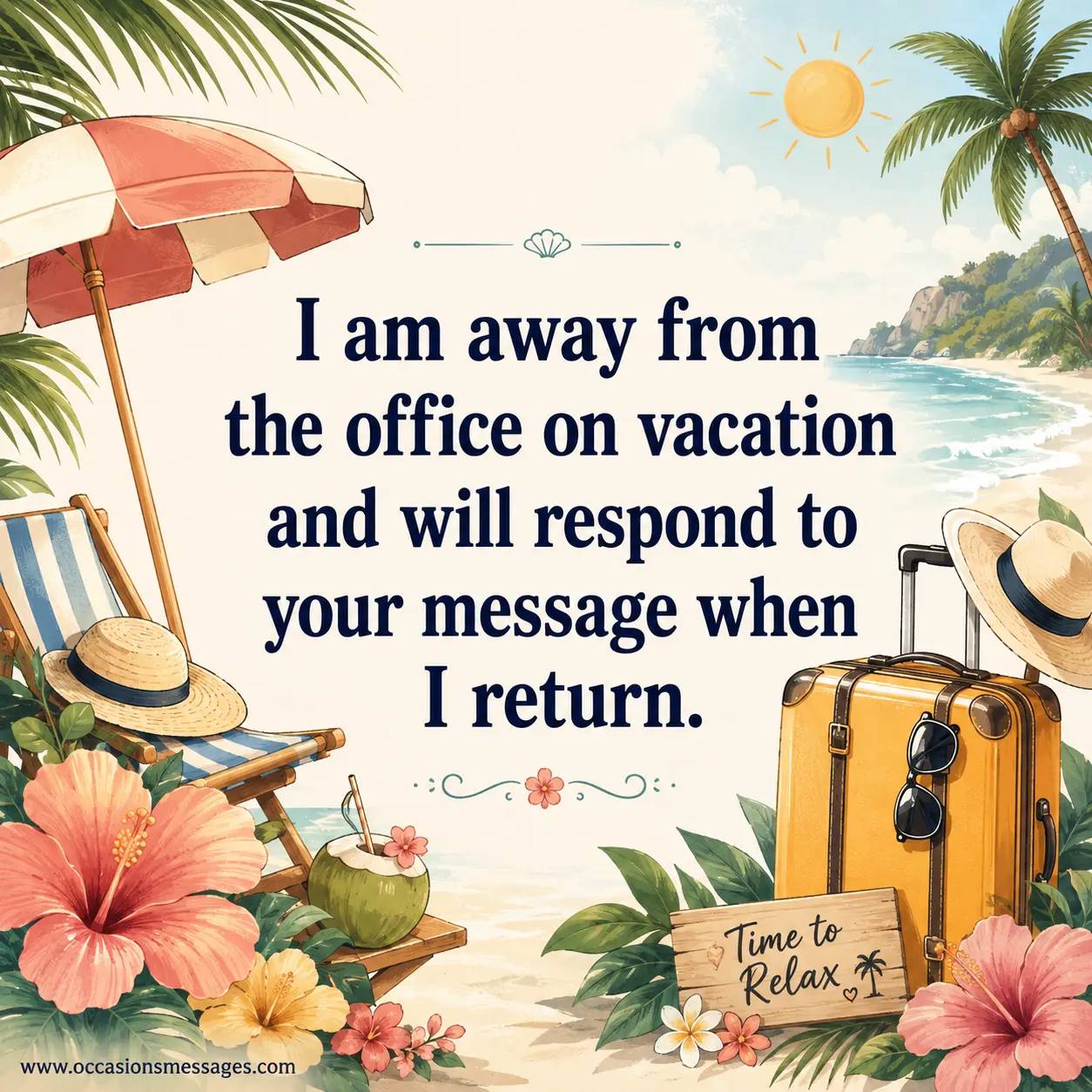 2. Cheerful illustrated vacation scene with a cartoon traveler, suitcase, tropical flowers, and sunny holiday setting, expressing an office absence and delayed response until returning.
