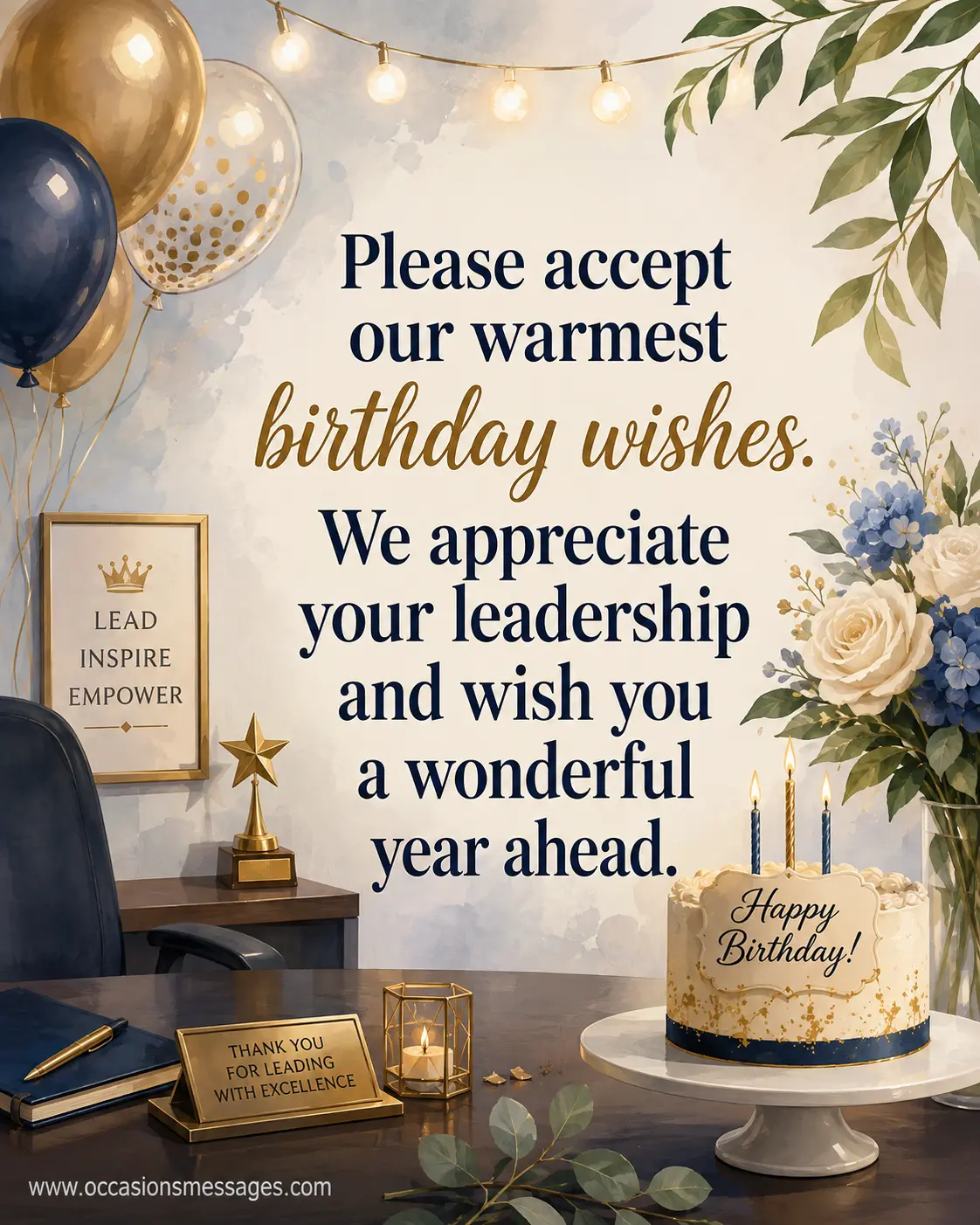 4. Elegant illustrated office birthday setting with flowers and warm lights expressing appreciation for a boss's leadership and heartfelt birthday wishes.