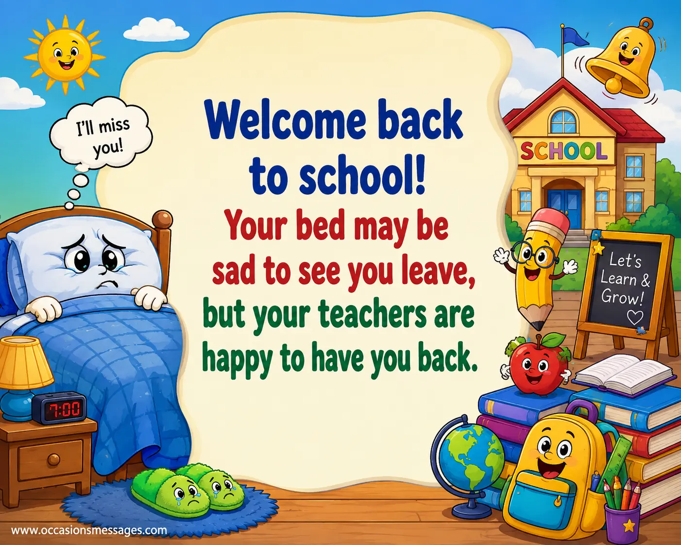 Playful cartoon school scene featuring a sleepy bed and a welcoming classroom, humorously capturing the transition from vacation sleep to returning to school.