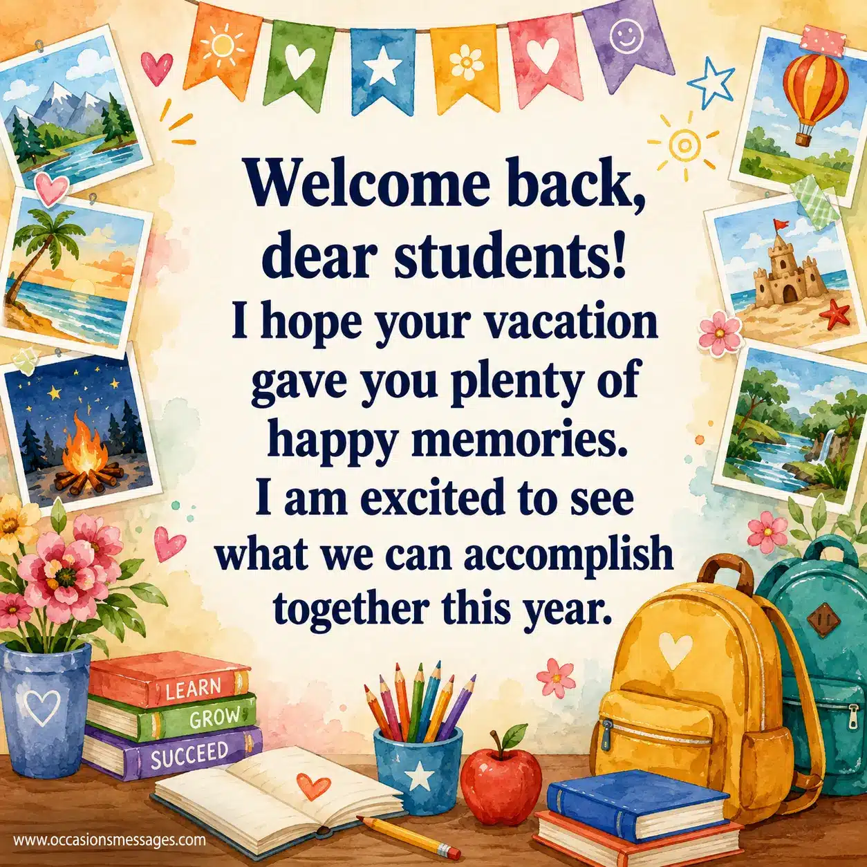 Warm watercolor school scene showing happy students returning after vacation, surrounded by books and colorful decorations, expressing excitement about creating new memories together.