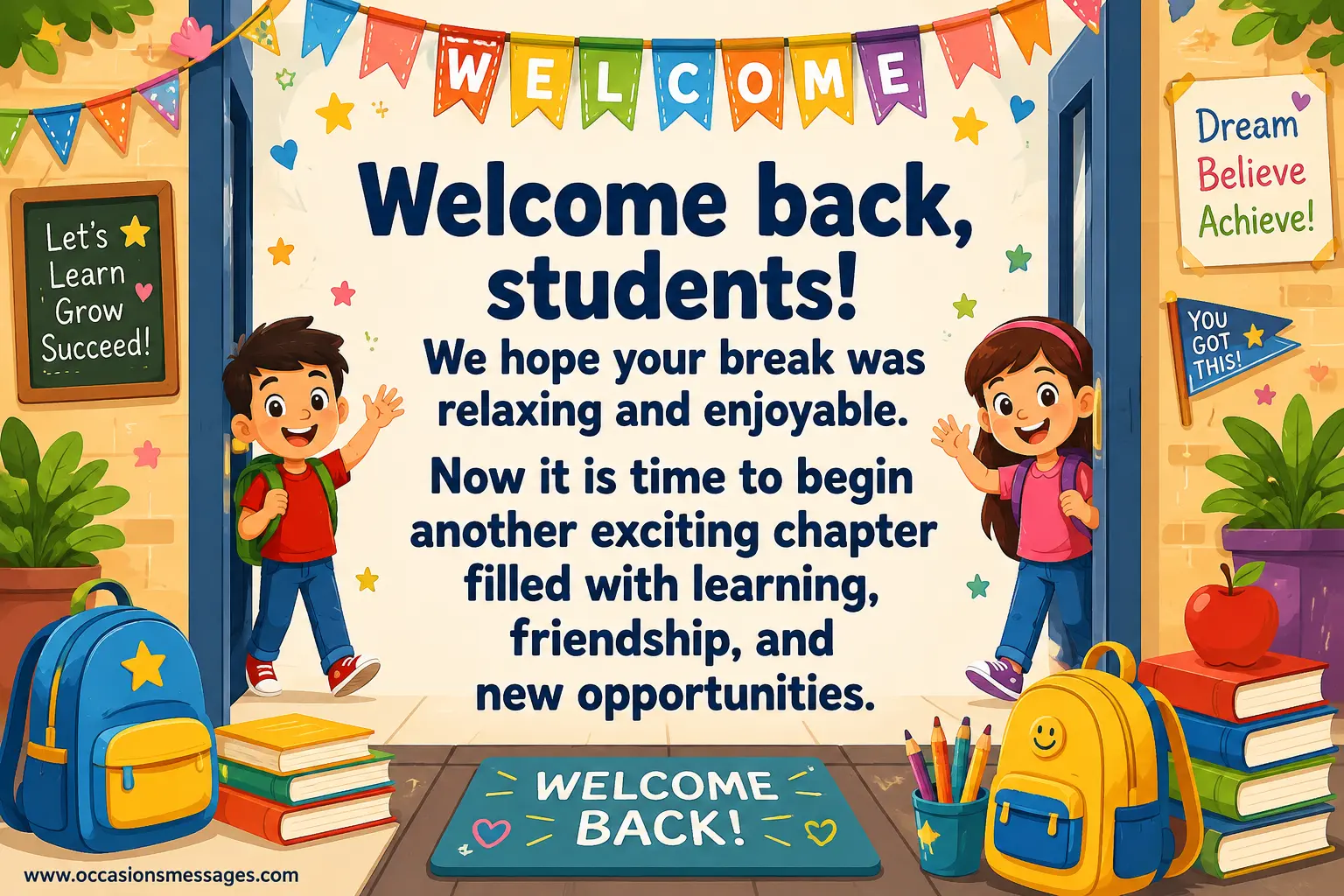 Cheerful illustrated students returning to school with books, backpacks, and welcoming classroom decorations, symbolizing a fresh start filled with learning, friendship, and new opportunities.