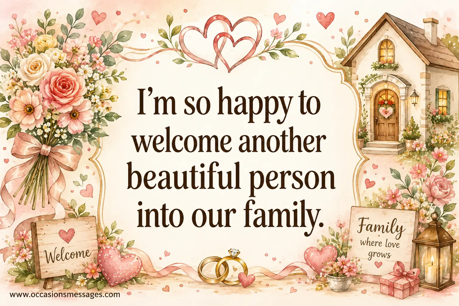 6. Whimsical watercolor family illustration featuring wedding flowers, hearts, and welcoming symbols representing happiness about gaining a new family member.