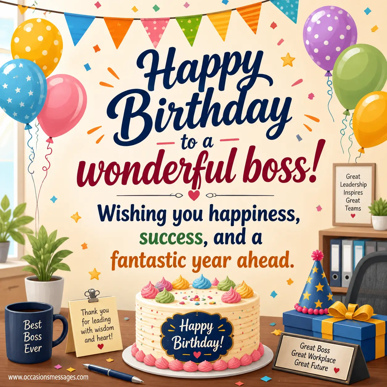 1. Illustrated office birthday celebration with balloons and cake representing warm wishes for a successful and happy year for a boss.