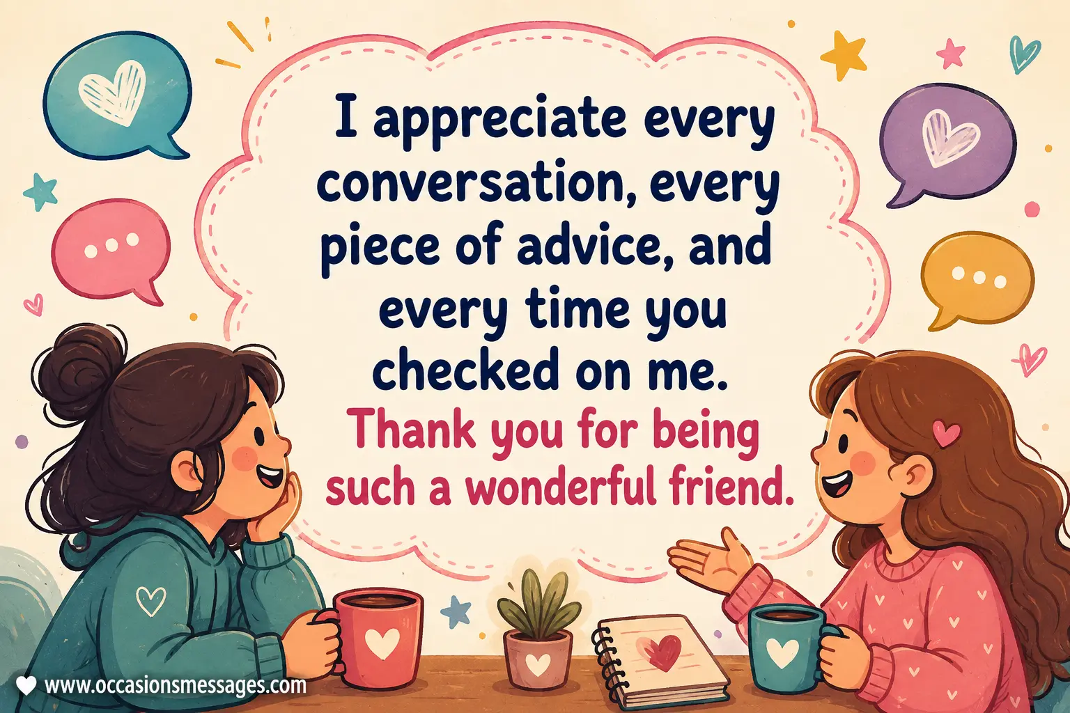 Whimsical friendship illustration showing two friends sharing a heartfelt conversation, representing appreciation for advice, check-ins, and companionship.