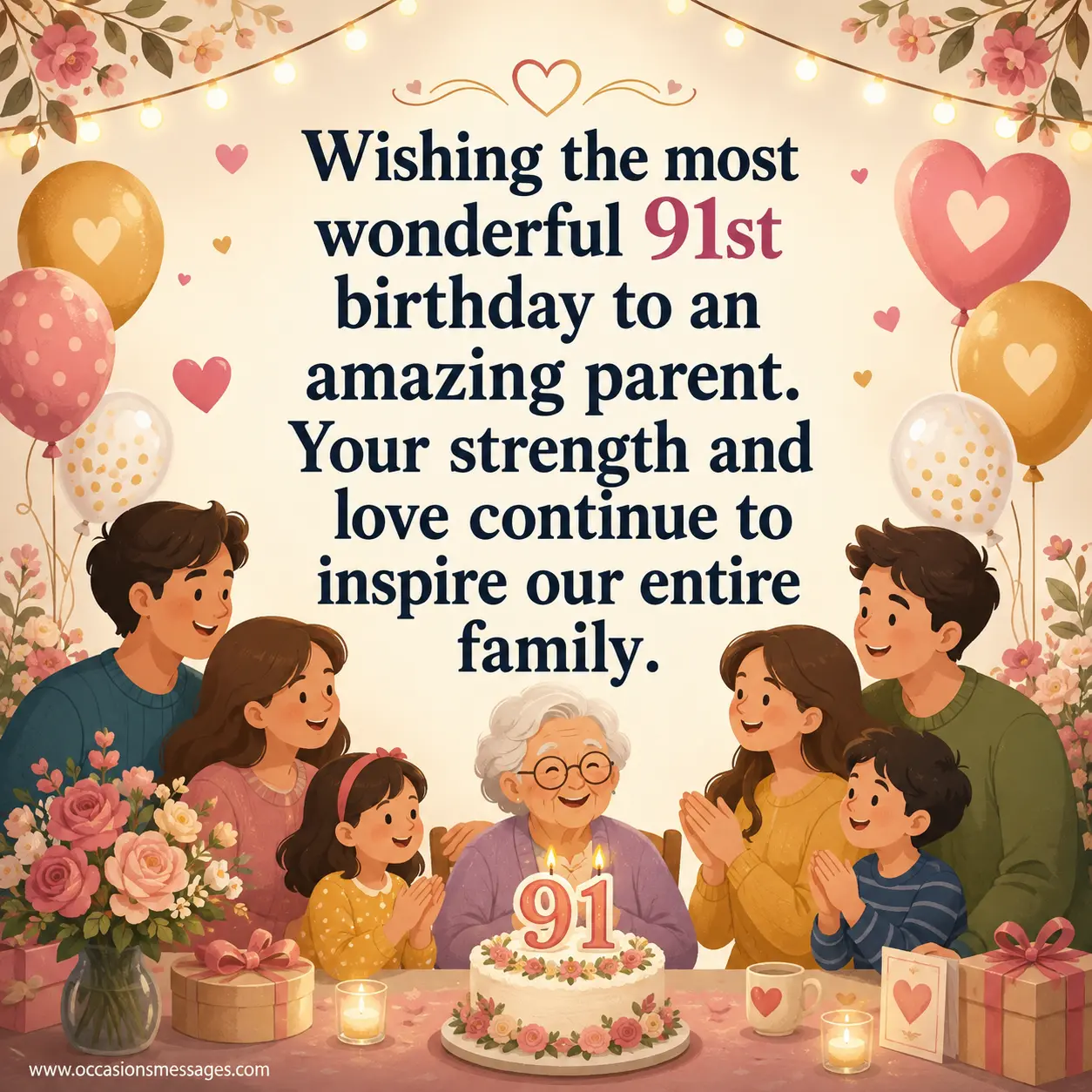 A warm flat-design family birthday scene celebrating an amazing parent at 91, with balloons, flowers, cake, and loving family symbolism.