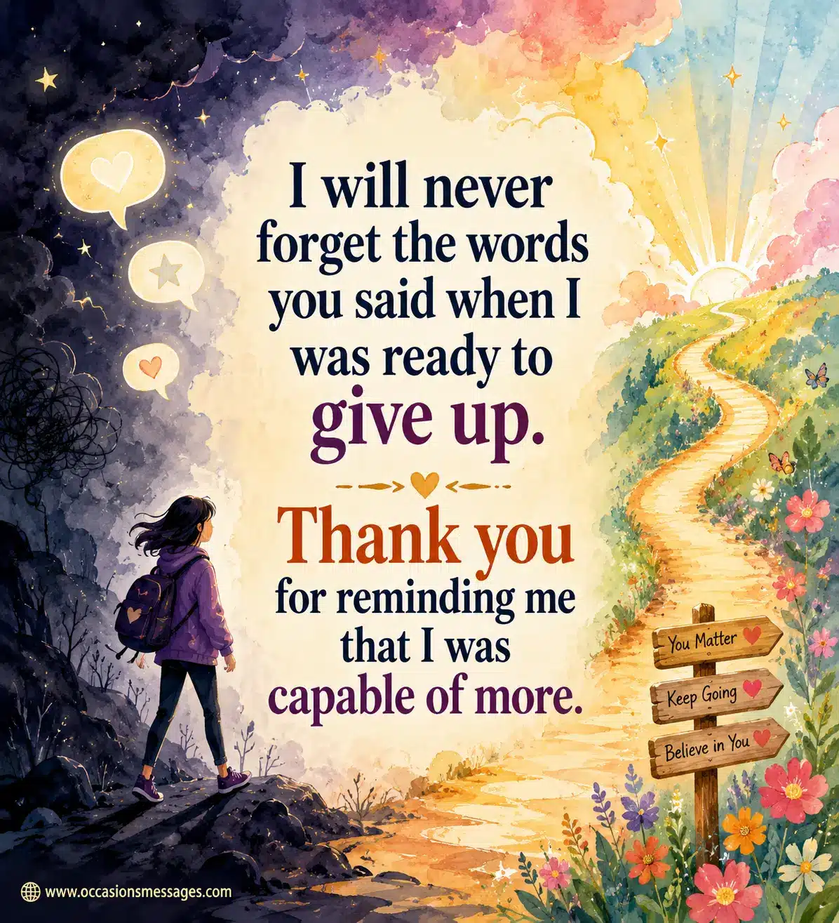 Hopeful illustrated journey from a dark valley toward a bright path, representing gratitude for encouraging words that inspire someone not to give up.