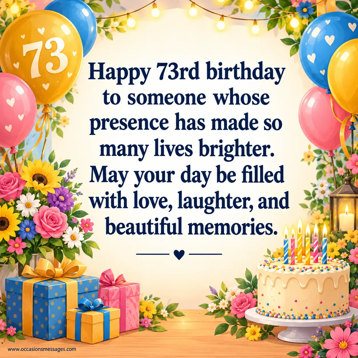 1. Whimsical 73rd birthday celebration with balloons, flowers, gifts, and warm lights surrounding a heartfelt quote about love, laughter, and beautiful memories.