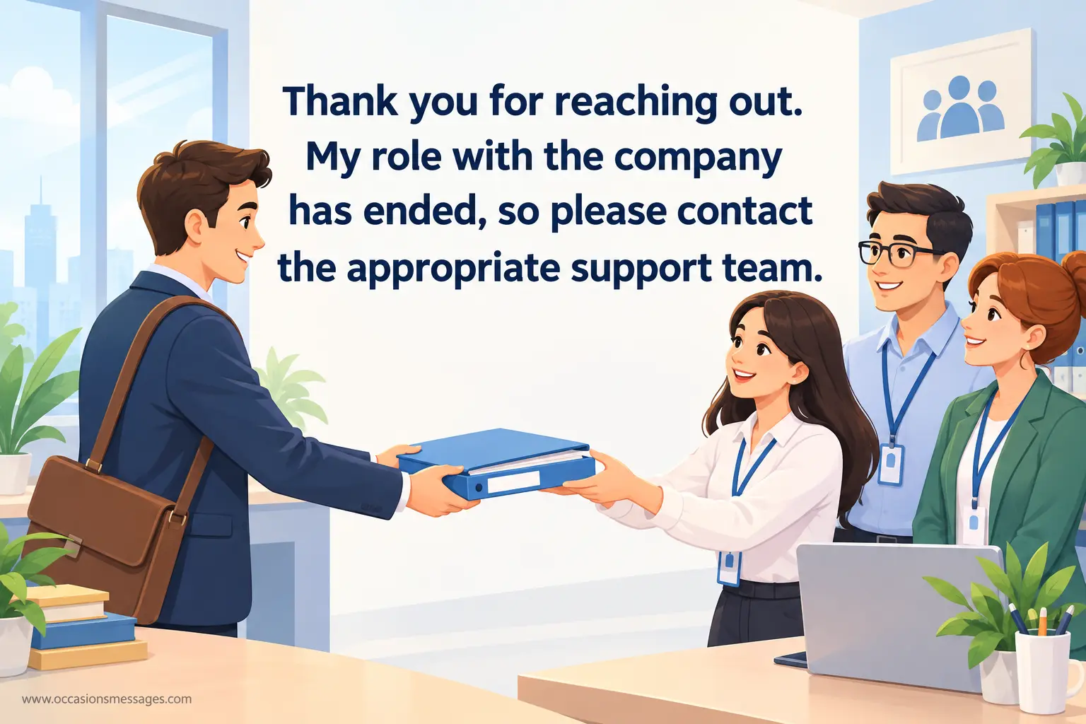 5. Professional 2D illustration of a former employee transitioning responsibilities to a support team, conveying a polite company departure and guidance toward appropriate assistance.