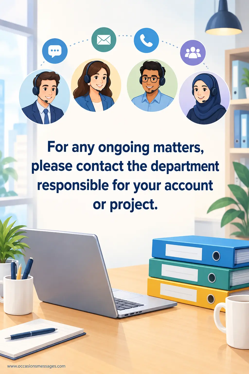 4. Modern illustrated business support scene with office equipment and a helpful team, representing instructions to contact the responsible department for ongoing accounts or projects.