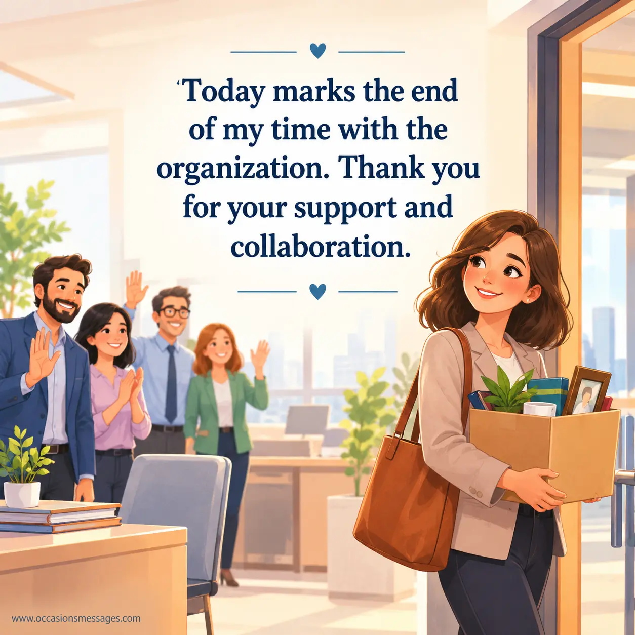 3. Warm cartoon workplace farewell showing a departing coworker receiving appreciation and support for professional collaboration at the end of their time with an organization.