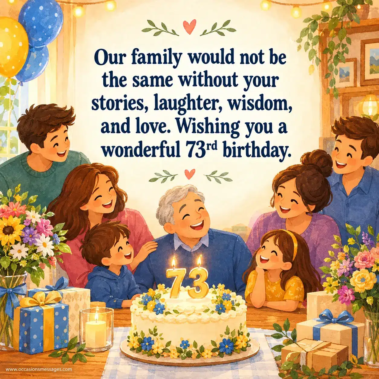 6. Warm illustrated family birthday gathering with a decorated cake, flowers, gifts, and joyful family members celebrating 73 years of stories, wisdom, laughter, and love.