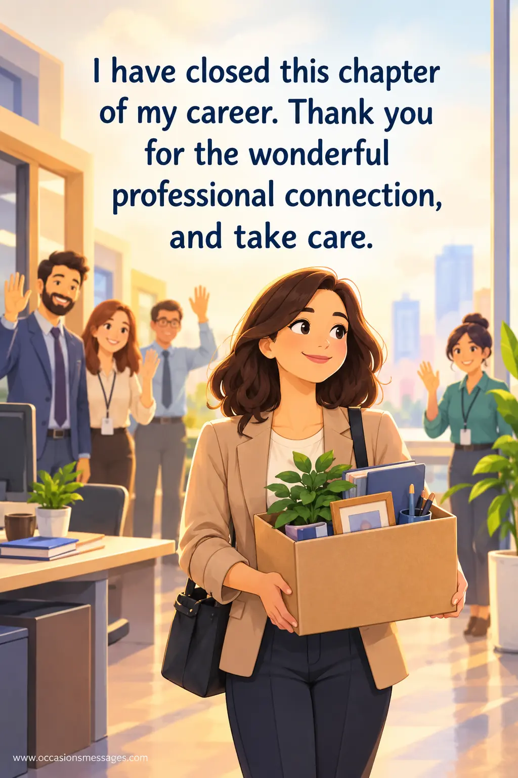 6. Touching illustrated career farewell with a departing professional carrying personal belongings while colleagues wave goodbye, symbolizing the closure of a career chapter and appreciation for a professional connection.