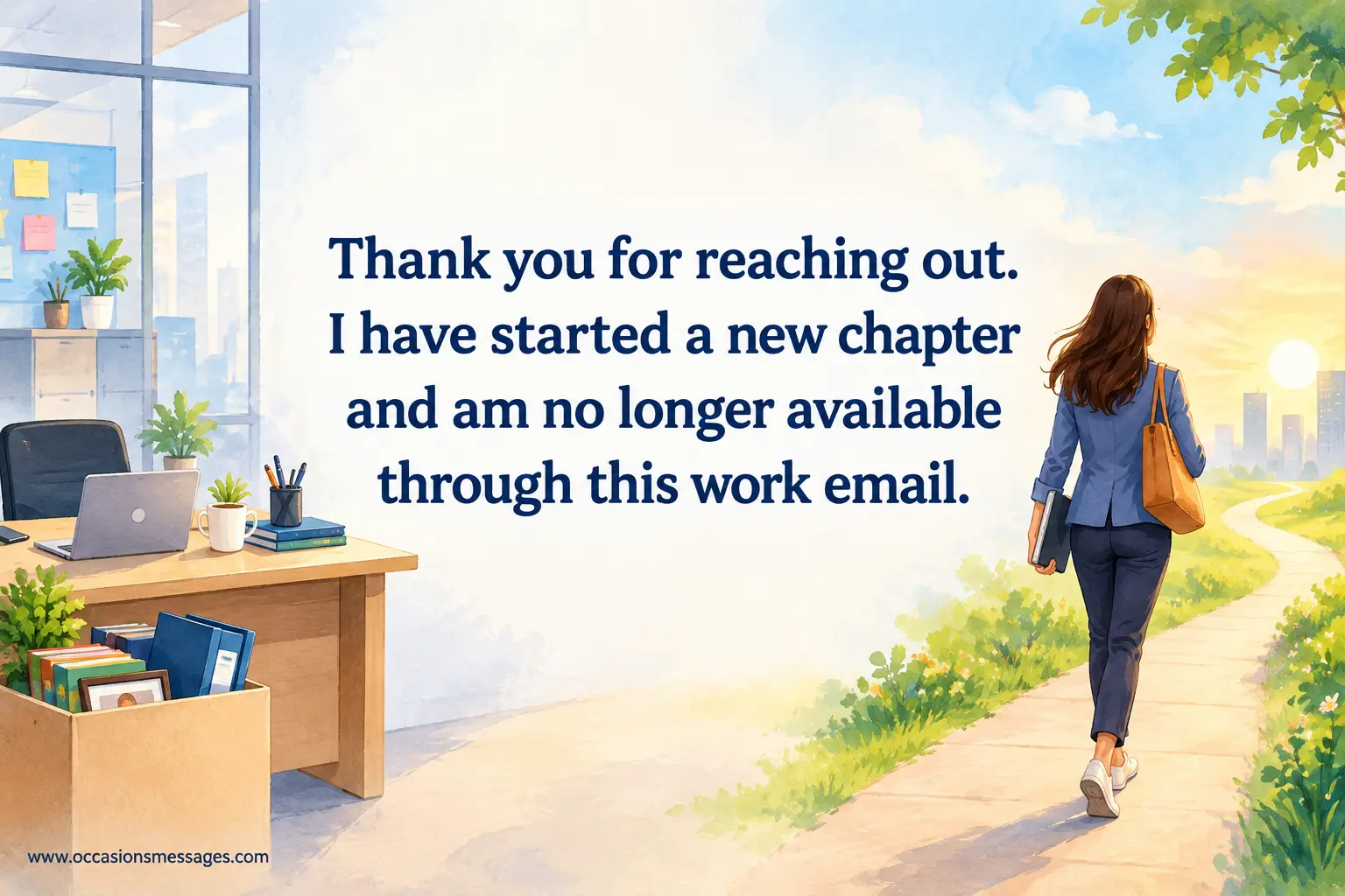 2. Whimsical illustrated professional walking toward a bright new chapter after leaving a workplace, representing a transition away from a former work email.