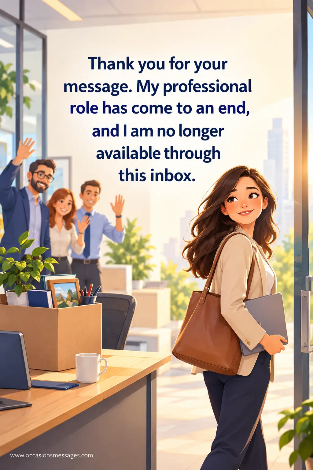 1. Stylized office farewell scene illustrating the end of a professional role, with a departing employee leaving coworkers behind and a clear message about no longer being available through the inbox.