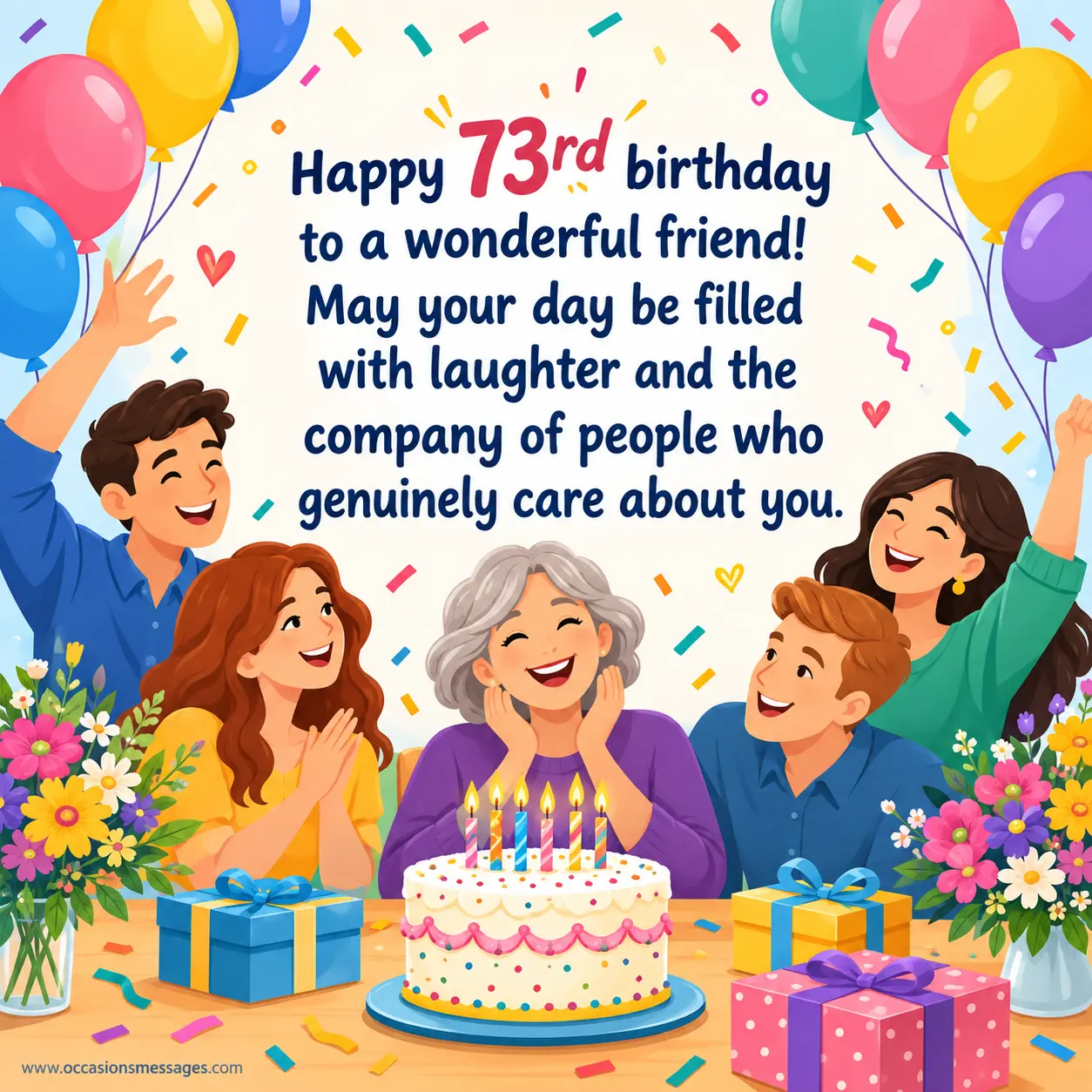 3. Colorful illustrated friendship birthday celebration featuring balloons, cake, flowers, and joyful friends alongside a heartfelt 73rd birthday quote.