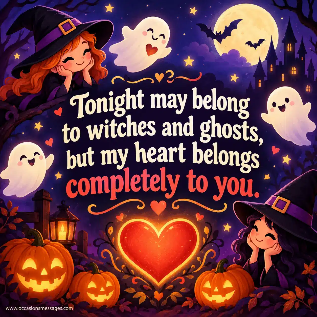 Whimsical Halloween scene featuring friendly witches, ghosts, glowing pumpkins, and a radiant heart representing complete romantic devotion.