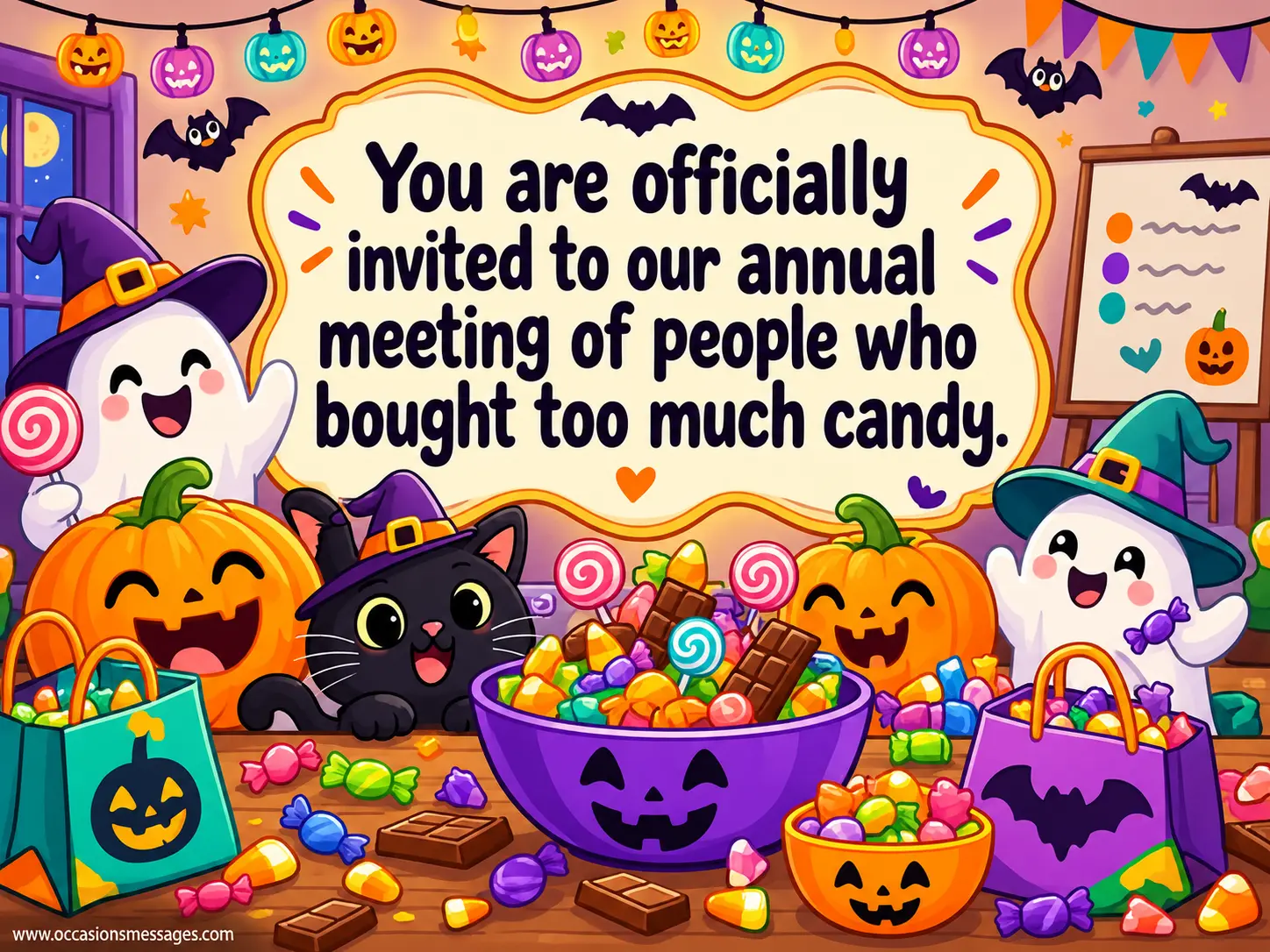 2. Whimsical Halloween candy party illustration with friendly ghosts, smiling pumpkins, overflowing chocolate bowls, and colorful treats, capturing the humor of inviting people who bought too much candy to an annual gathering.