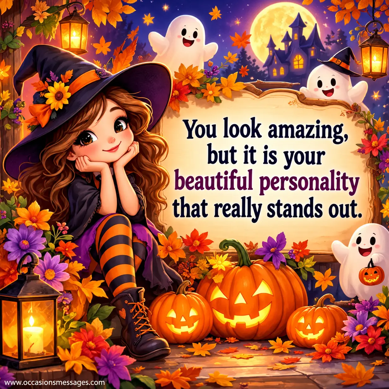 Colorful Halloween illustration celebrating inner beauty and a beautiful personality with pumpkins, flowers, autumn leaves, and magical festive details.