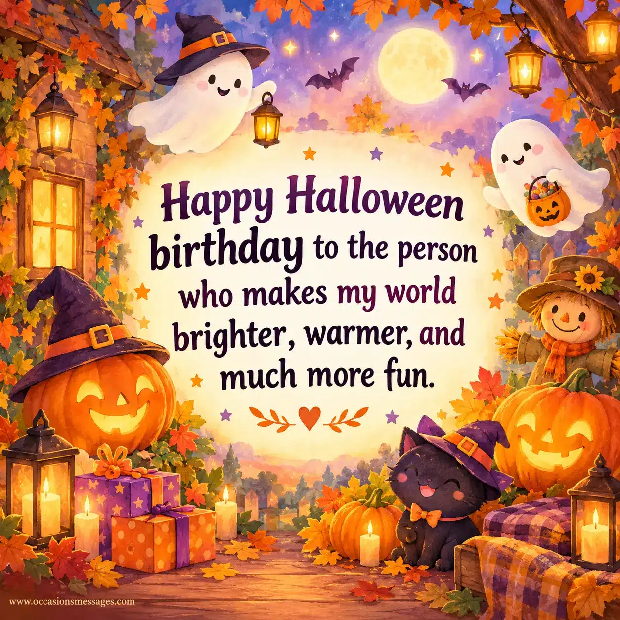 Heartwarming Halloween birthday celebration with glowing pumpkins, warm lanterns, candles, autumn decorations, and cheerful characters representing friendship, warmth, happiness, and fun.