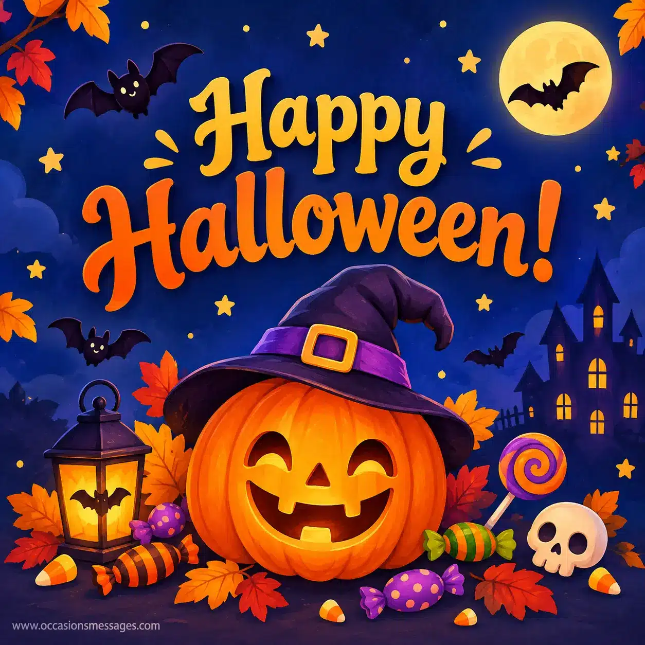 2. Cheerful cartoon jack-o'-lantern with candy, autumn leaves, bats, and stars creating a bright illustrated Halloween scene featuring a classic Happy Halloween message.
