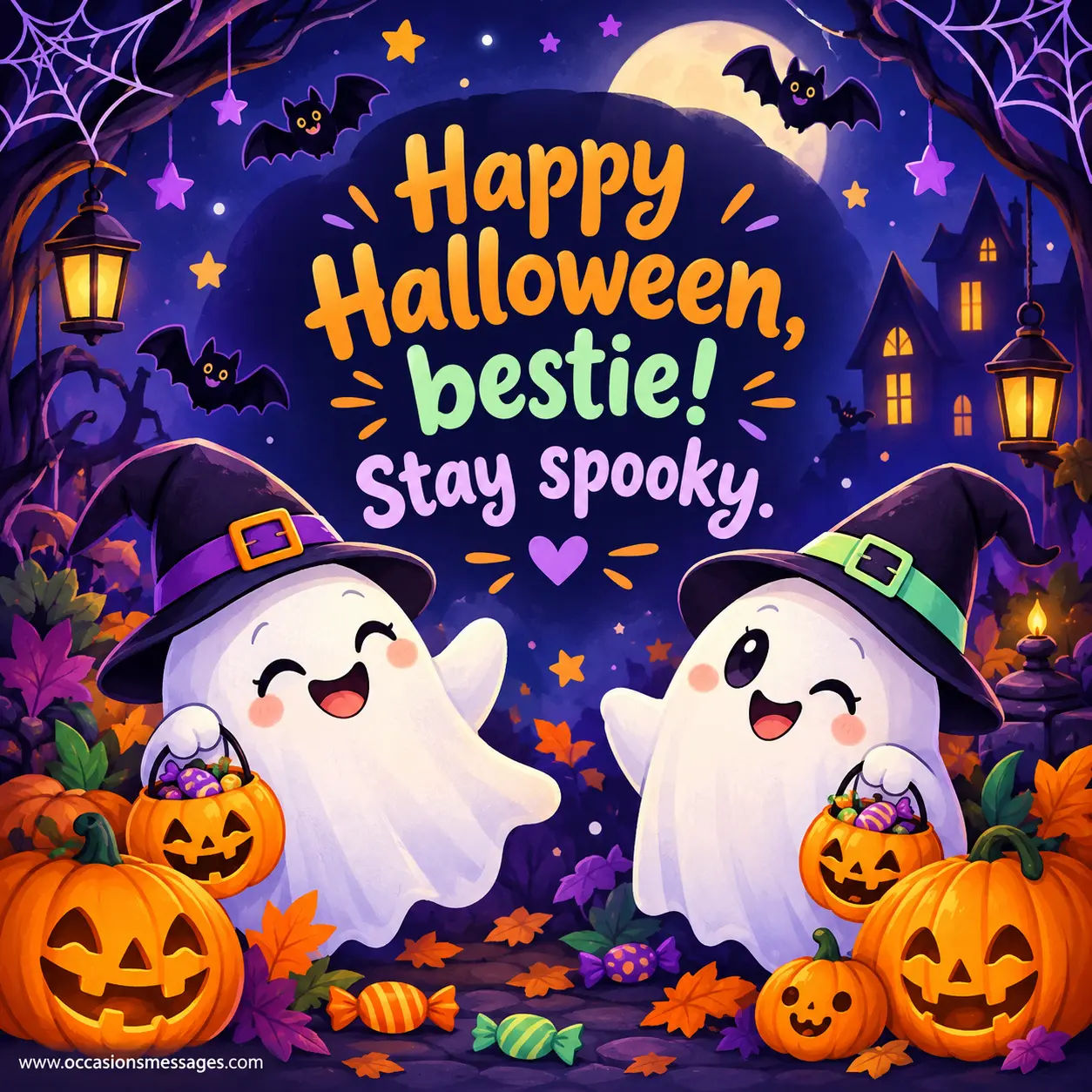 Funny Halloween candy quote graphic with an overflowing sweets bowl, a cartoon skeleton hand, candy corn, and a grinning jack-o'-lantern, capturing the playful message about grabbing candy.