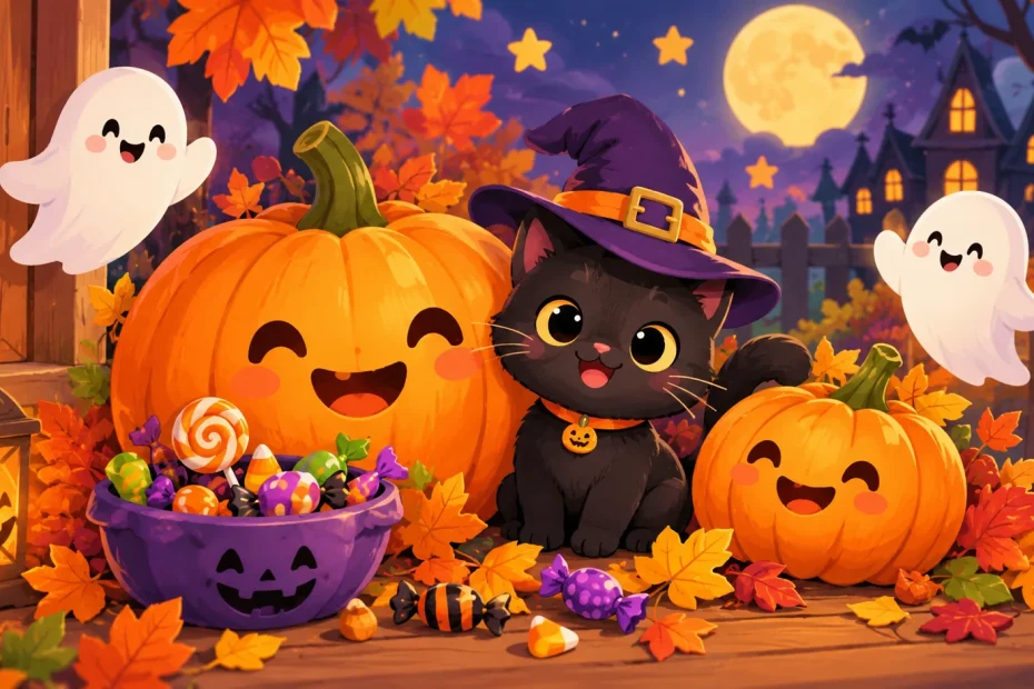 Cute Halloween illustration with smiling pumpkins, a black cat, candy, autumn leaves, stars, and friendly ghosts.