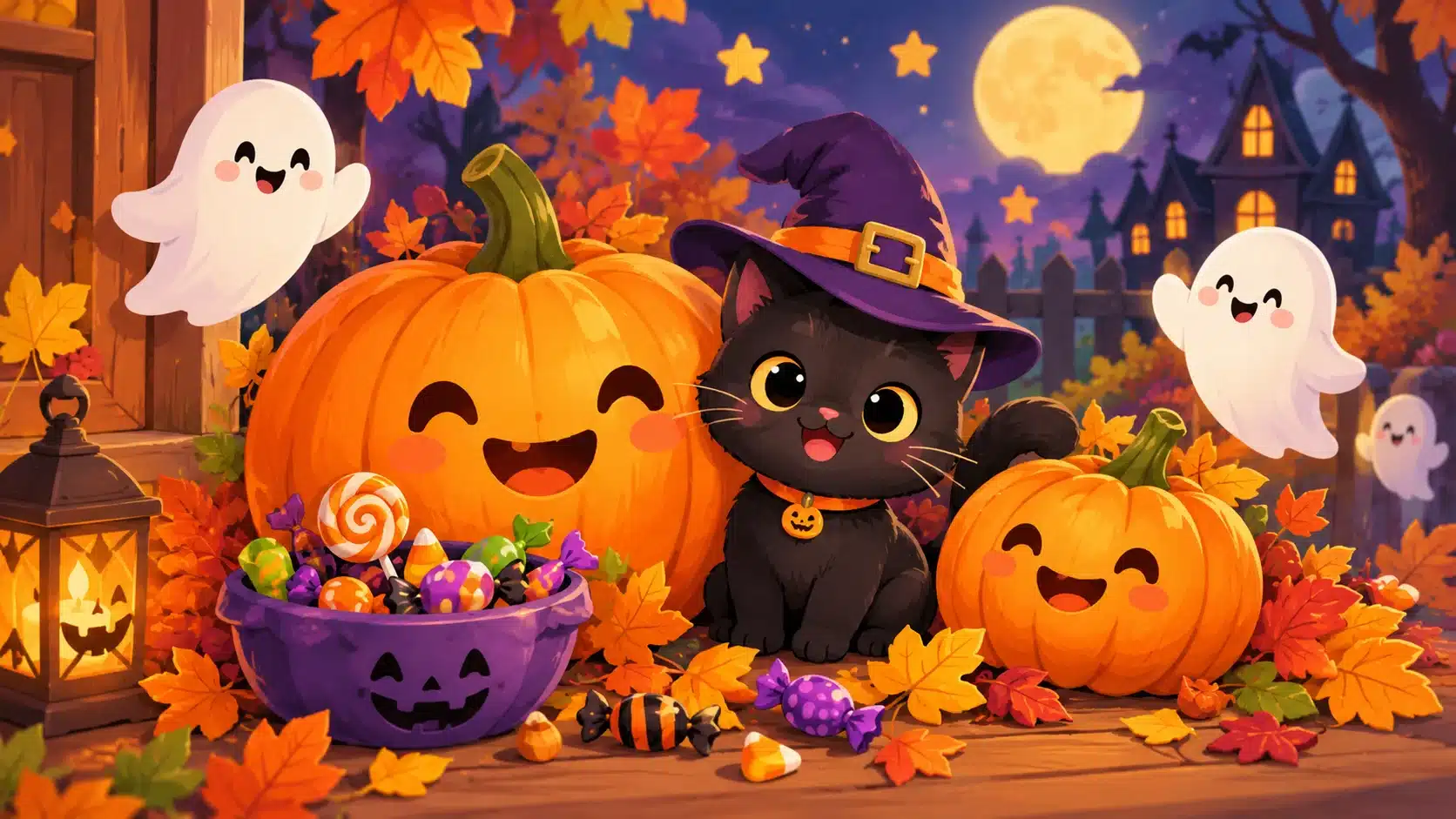 Cute Halloween illustration with smiling pumpkins, a black cat, candy, autumn leaves, stars, and friendly ghosts.