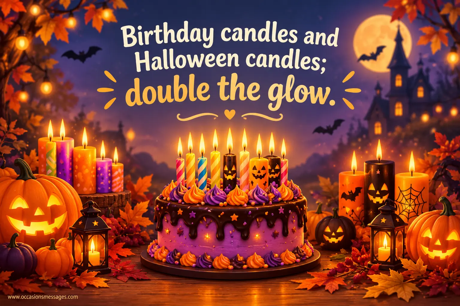 Festive Halloween birthday cake illuminated by birthday candles and Halloween candles, surrounded by glowing pumpkins, lanterns, autumn leaves, and magical lights symbolizing double the glow.