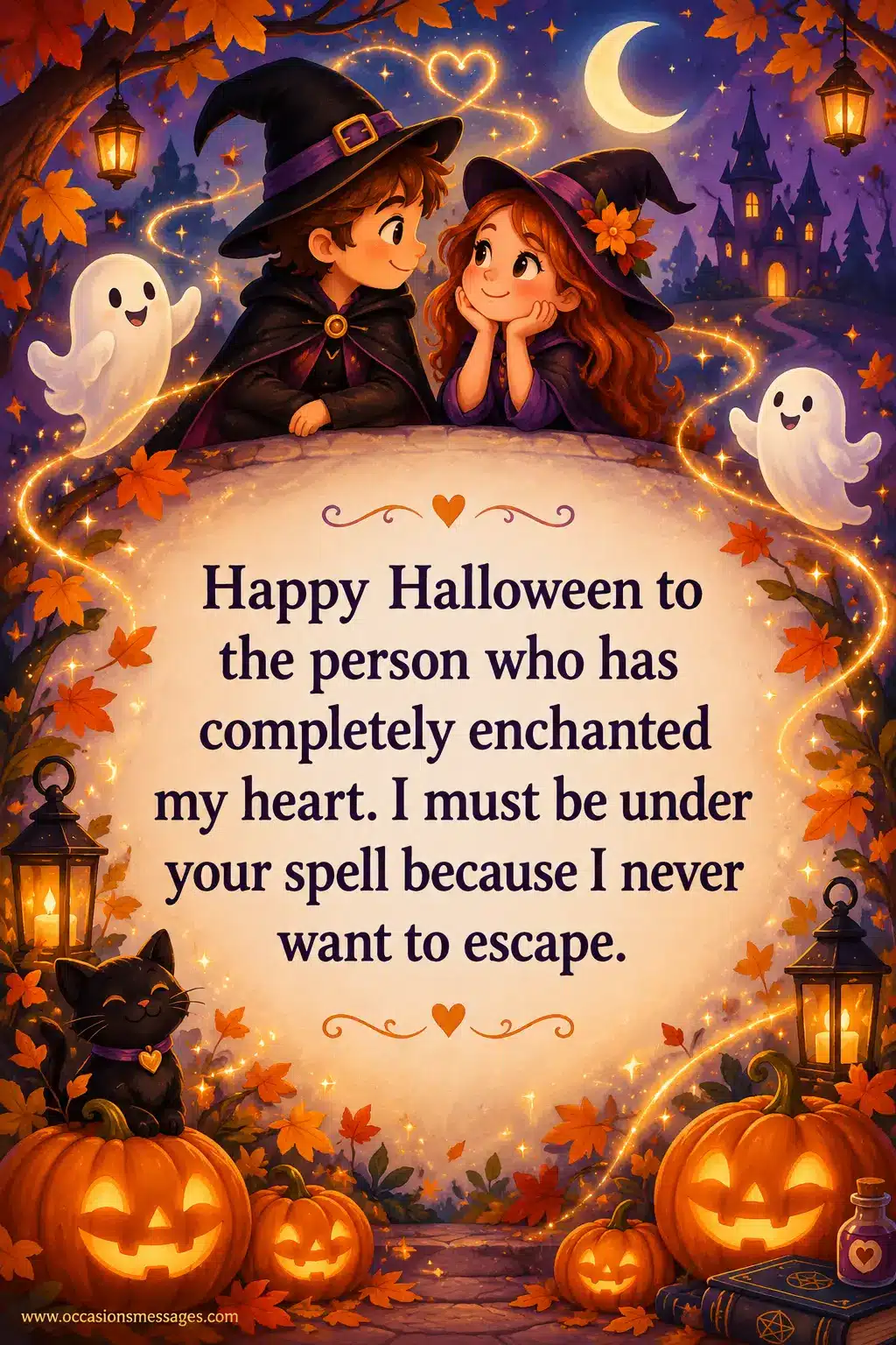 Romantic Halloween illustration with glowing pumpkins and magical sparkles representing a love that feels enchanting and impossible to escape.