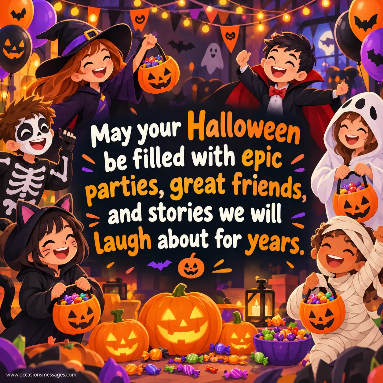 Colorful cartoon Halloween party filled with friends, creative costumes, pumpkins, candy, and festive lights, capturing wishes for unforgettable parties, friendship, and funny memories.