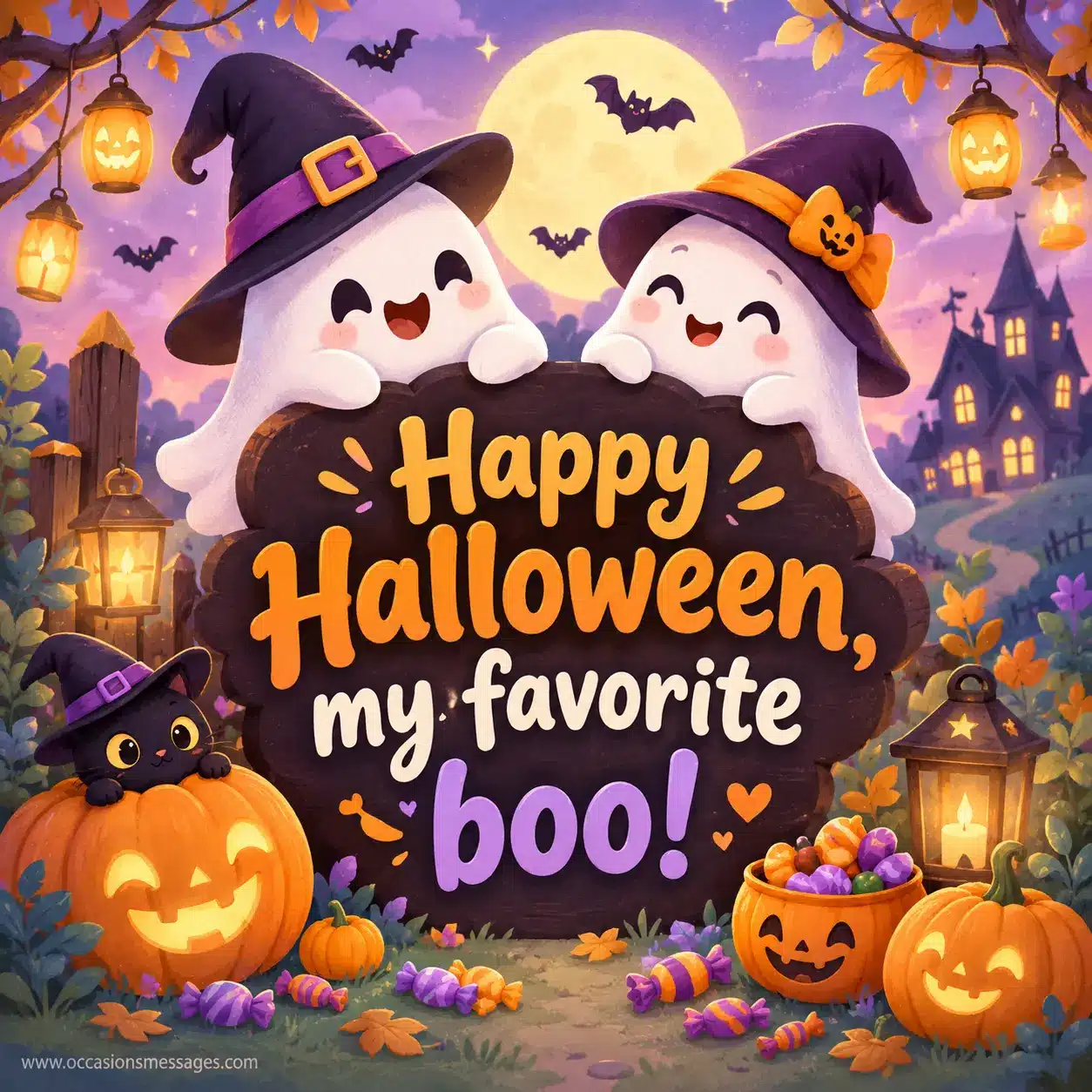 Cute cartoon Halloween friends surrounded by pumpkins, candy, ghosts, and warm lanterns, celebrating a sweet message for a favorite boo.