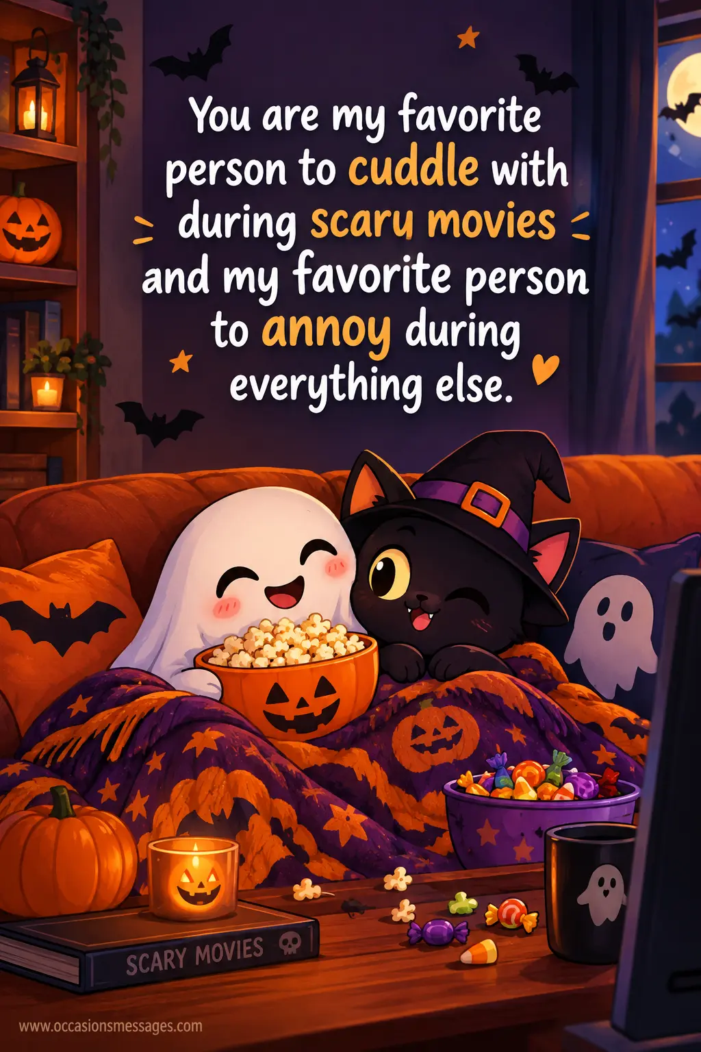 8. Cozy cartoon Halloween movie-night scene with fictional characters cuddling on a couch, surrounded by popcorn, candy, blankets, pumpkins, and spooky decorations for a humorous affectionate greeting.