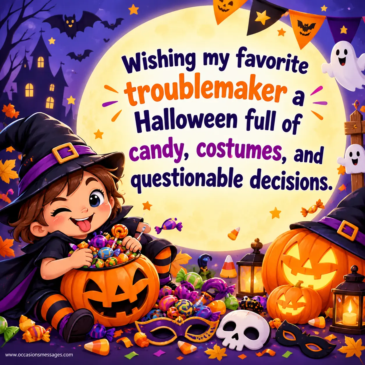 5. Colorful cartoon Halloween scene featuring a mischievous character, overflowing candy, costumes, masks, pumpkins, and playful decorations matching a humorous troublemaker Halloween greeting.