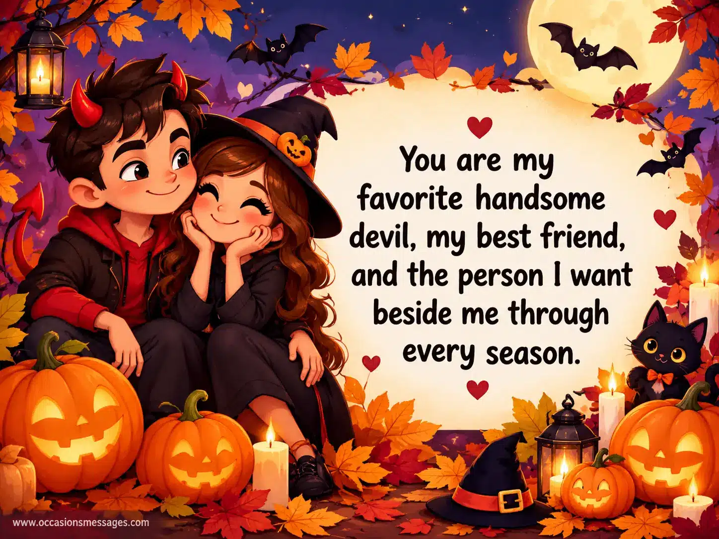 Playful cartoon Halloween couple scene with a charming devil character, pumpkins, hearts, bats, and seasonal decorations symbolizing love and lifelong friendship.