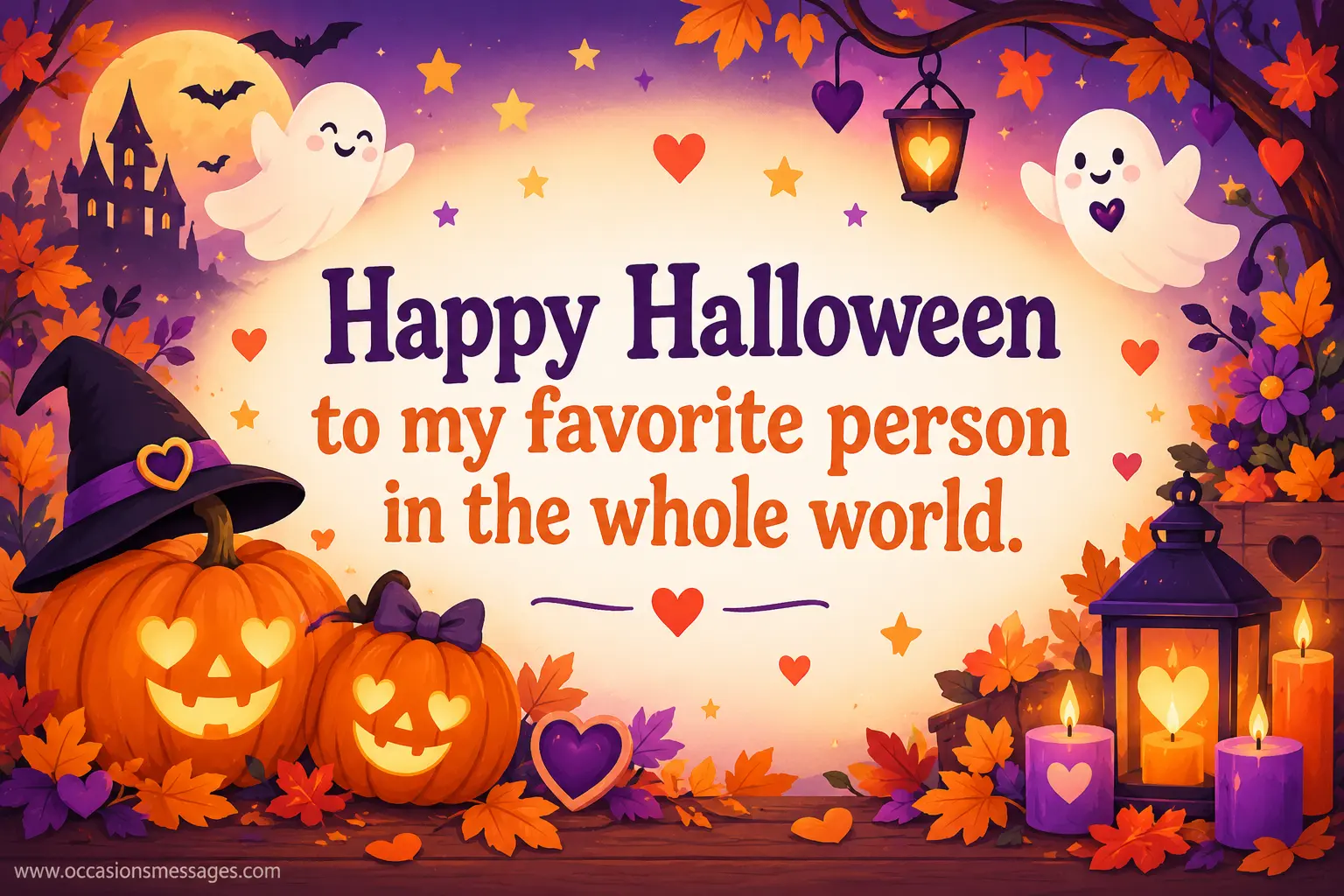 Cheerful Halloween celebration with glowing pumpkins, hearts, candles, and playful decorations expressing love for a favorite person.