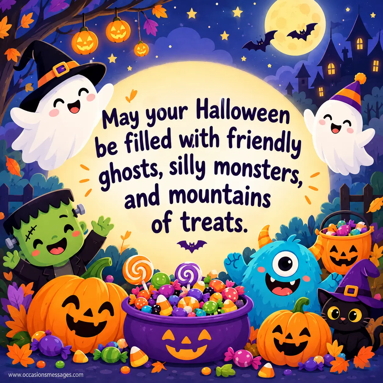 7. Joyful children's-book Halloween illustration filled with friendly ghosts, silly monsters, smiling pumpkins, colorful candy, and overflowing treats celebrating a festive Halloween wish.
