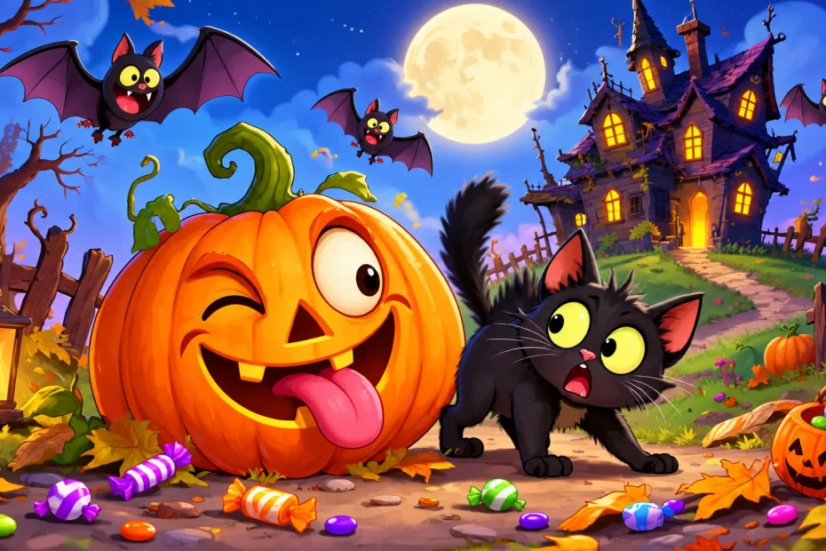 Funny Halloween greeting scene with goofy jack-o'-lanterns, a black cat, bats, candy, and a crooked haunted house.