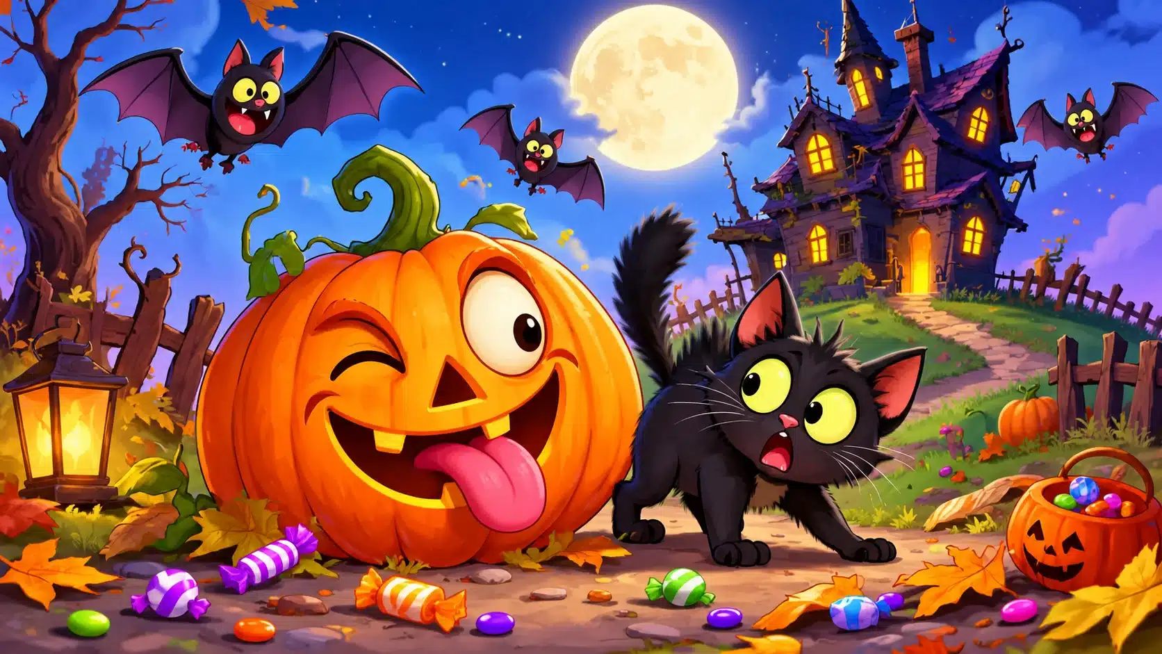 Funny Halloween greeting scene with goofy jack-o'-lanterns, a black cat, bats, candy, and a crooked haunted house.