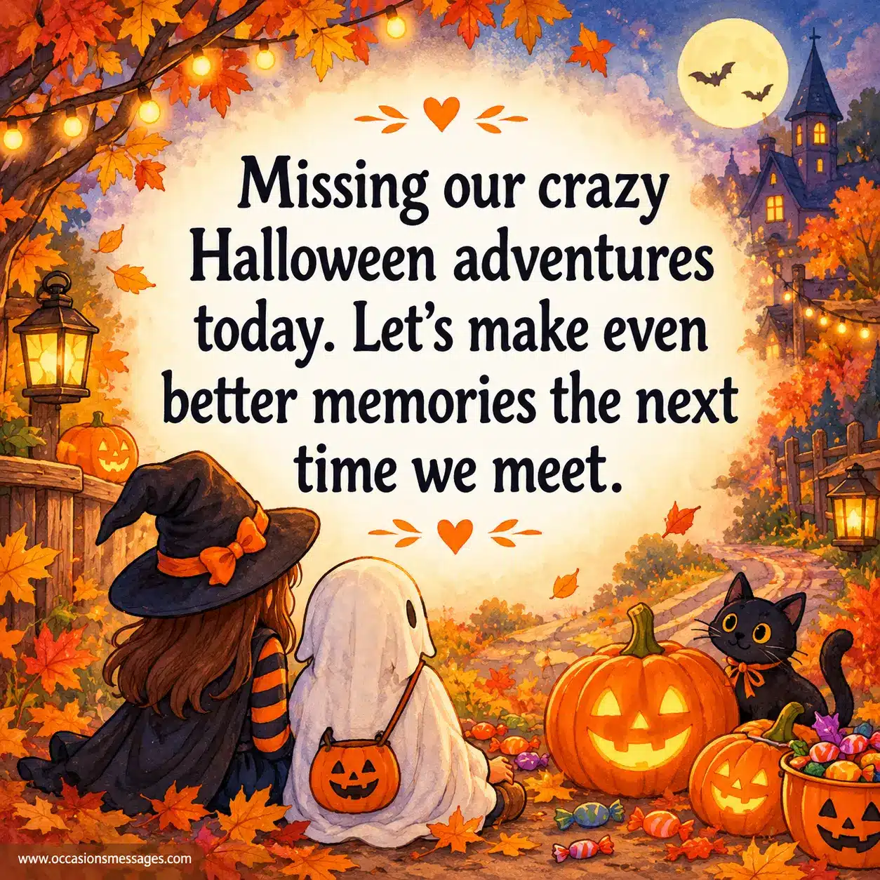 Heartwarming illustrated Halloween adventure with friends, costumes, pumpkins, autumn leaves, and glowing lights, expressing nostalgia for shared Halloween memories and future reunions.