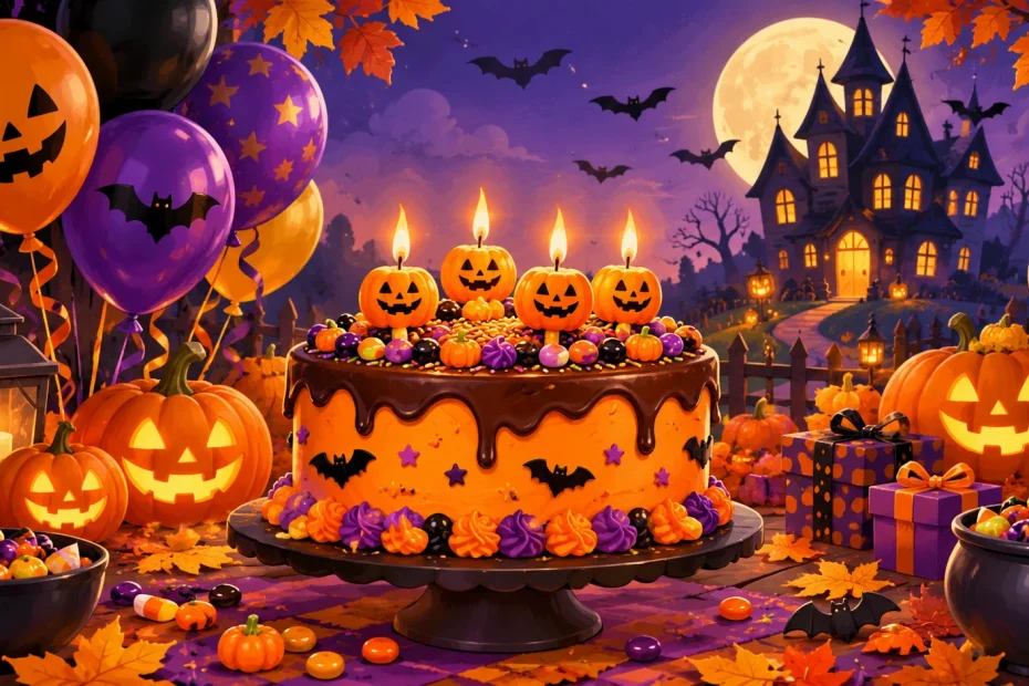 Halloween birthday celebration with a decorated cake, pumpkin candles, candy, balloons, jack-o'-lanterns, bats, and autumn leaves.