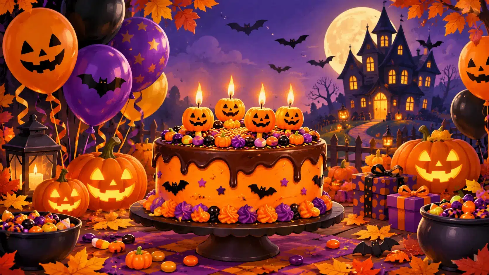 Halloween birthday celebration with a decorated cake, pumpkin candles, candy, balloons, jack-o'-lanterns, bats, and autumn leaves.