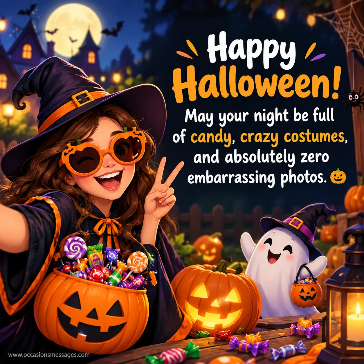 Playful cartoon Halloween scene with candy, pumpkins, and a friend in a funny costume, featuring a cheerful message about candy, crazy costumes, and avoiding embarrassing photos.