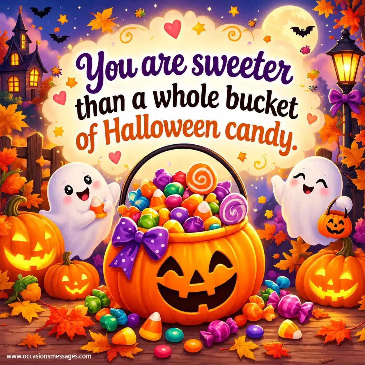 Whimsical Halloween candy scene with glowing pumpkins and friendly ghosts illustrating a sweet compliment about being sweeter than Halloween candy.
