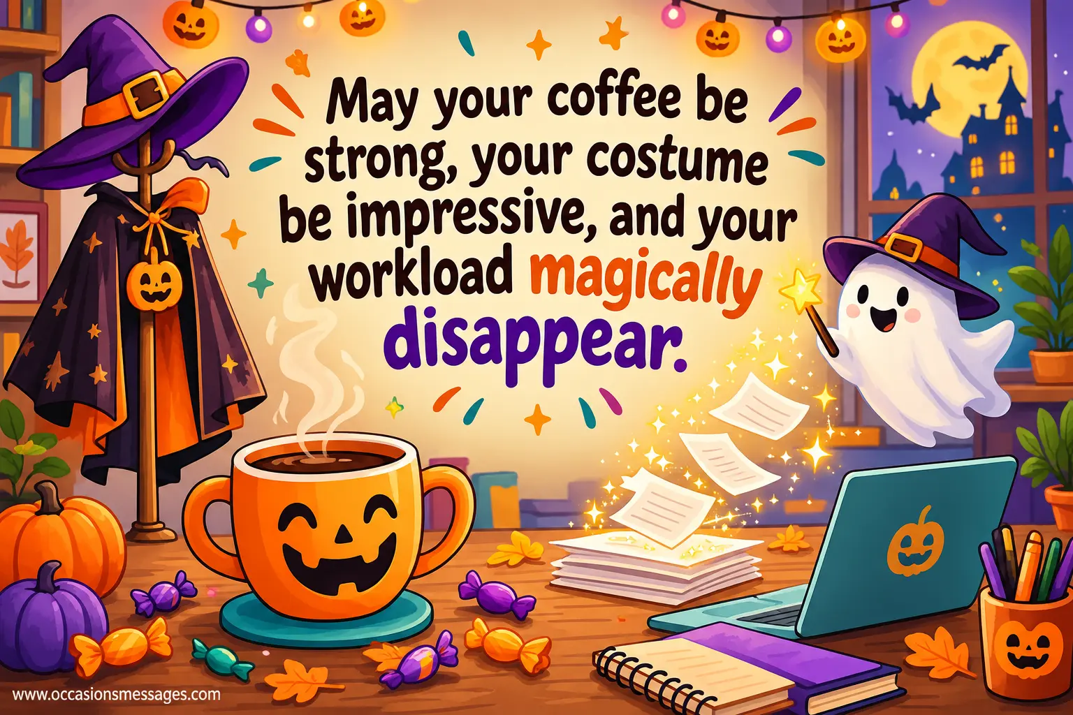 4. Funny illustrated Halloween office scene featuring a steaming coffee mug, costume accessories, a tiny magical ghost, and disappearing paperwork, representing wishes for strong coffee, an impressive costume, and less work.