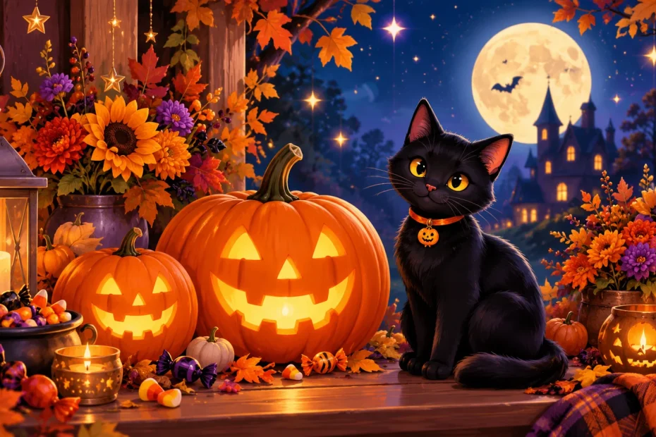 Stylish Halloween compliment theme with glowing jack-o'-lanterns, autumn flowers, stars, candy, and a black cat.