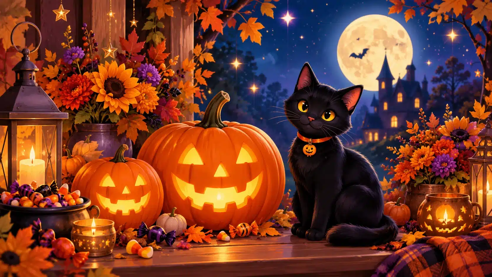 Stylish Halloween compliment theme with glowing jack-o'-lanterns, autumn flowers, stars, candy, and a black cat.