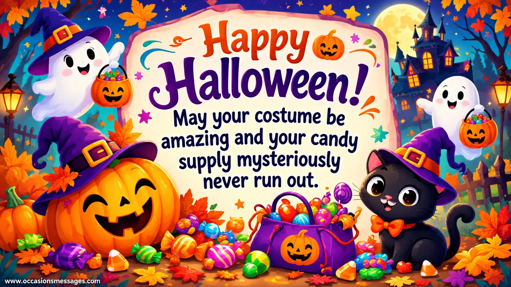 1. Colorful cartoon Halloween greeting featuring a smiling pumpkin, costume accessories, candy-filled trick-or-treat bags, and magical stars, illustrating a playful wish for an amazing costume and endless Halloween sweets.
